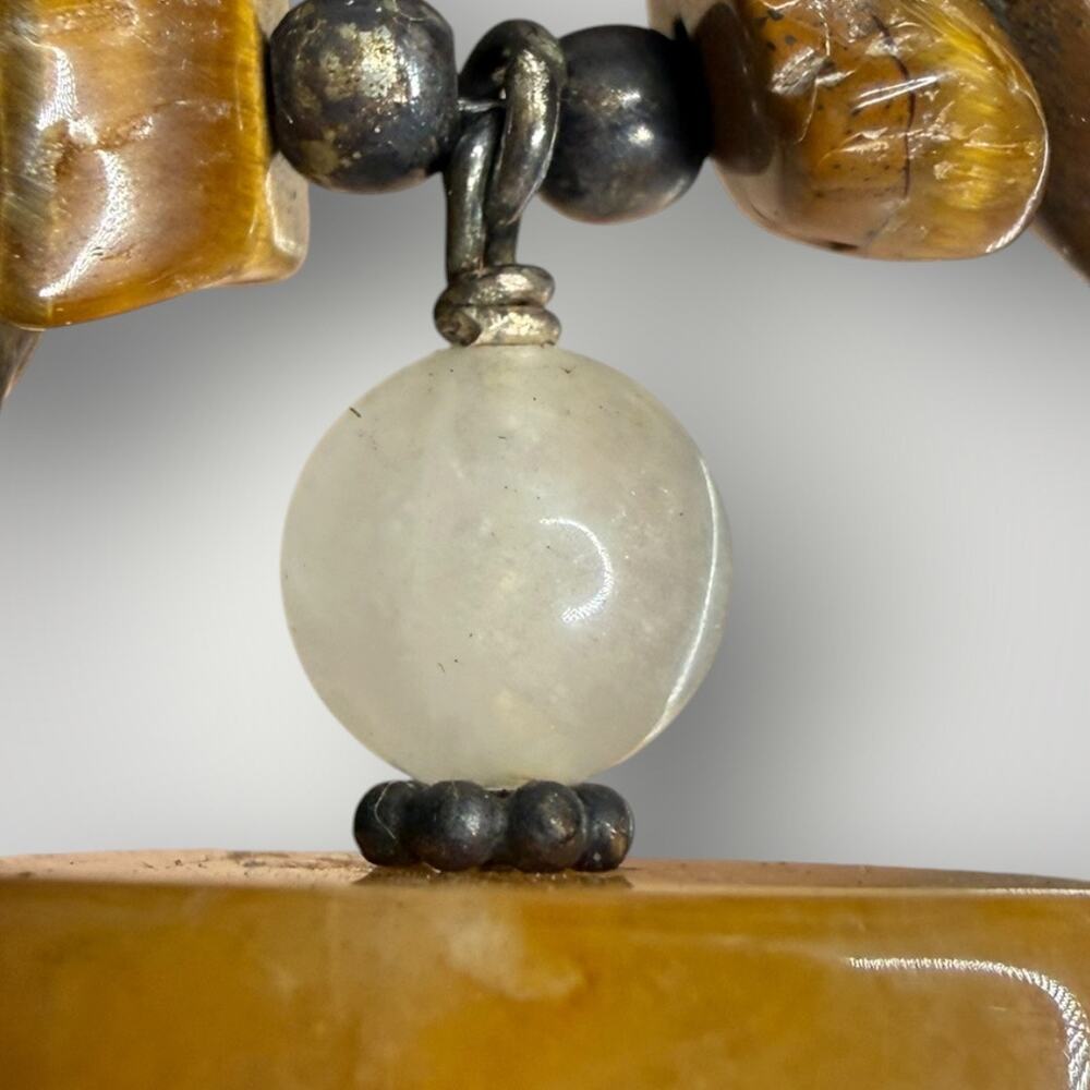 Vintage Tiger Eye Gemstone Chip Necklace Sterling Silver 925 Yellow Jade Pendant - Picture 3 of 13